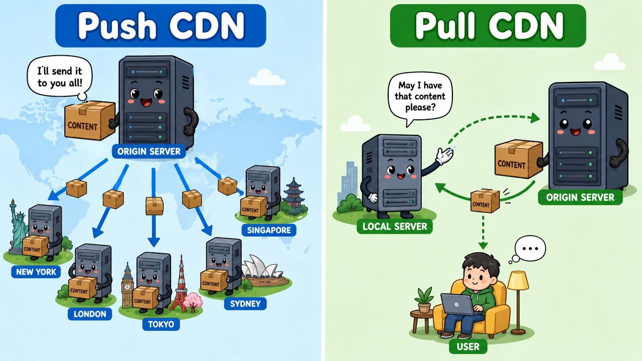 A diagram comparing push and pull content delivery networks with cute server characters and world landmarks.
