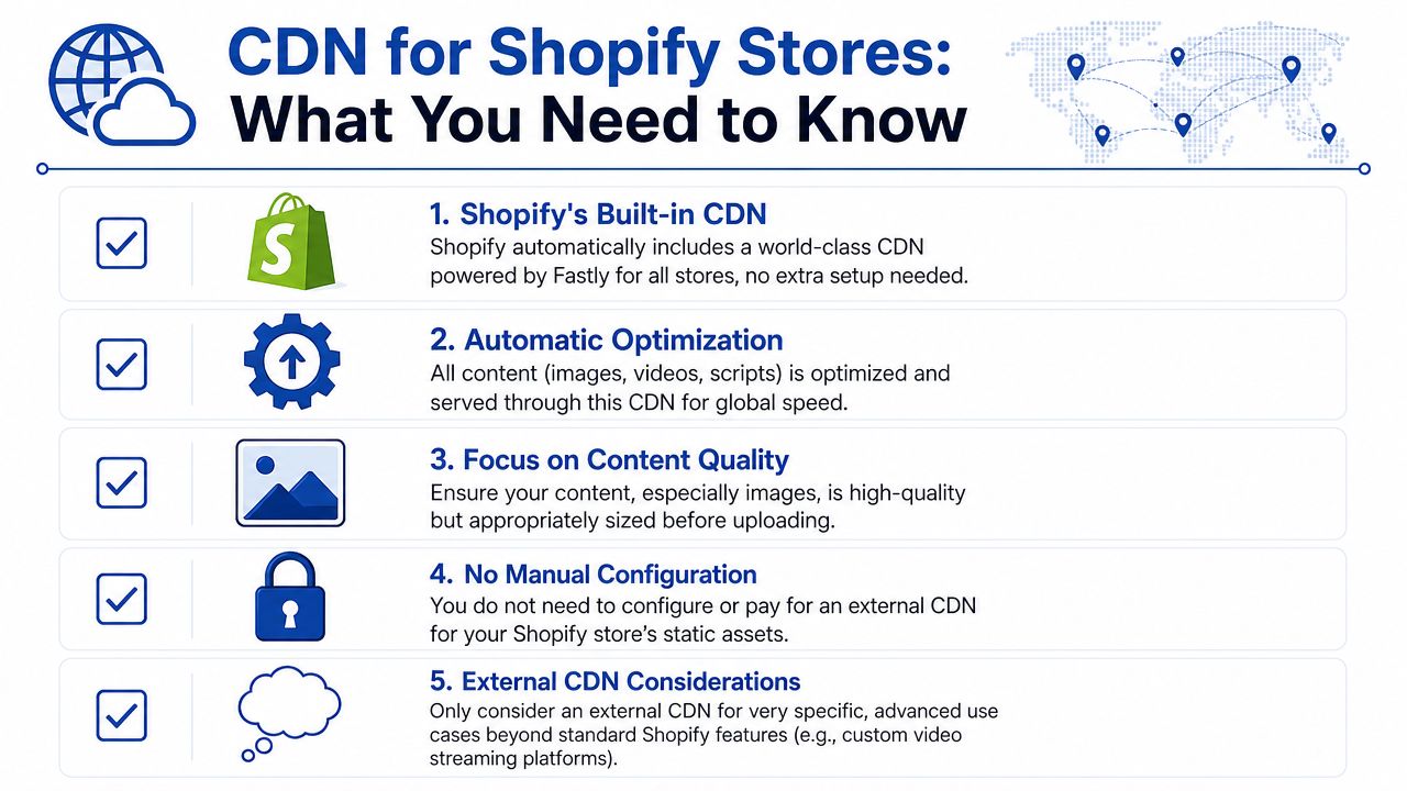 An infographic titled CDN for Shopify Stores explaining the benefits and features of using Shopify's built-in CDN.