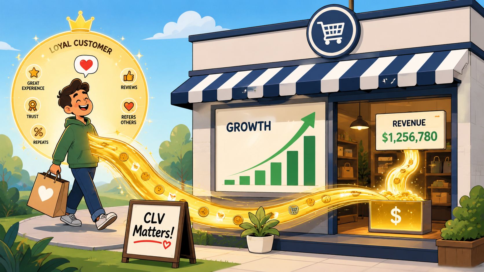 An illustration showing a loyal customer contributing to business growth and revenue, symbolizing customer lifetime value.