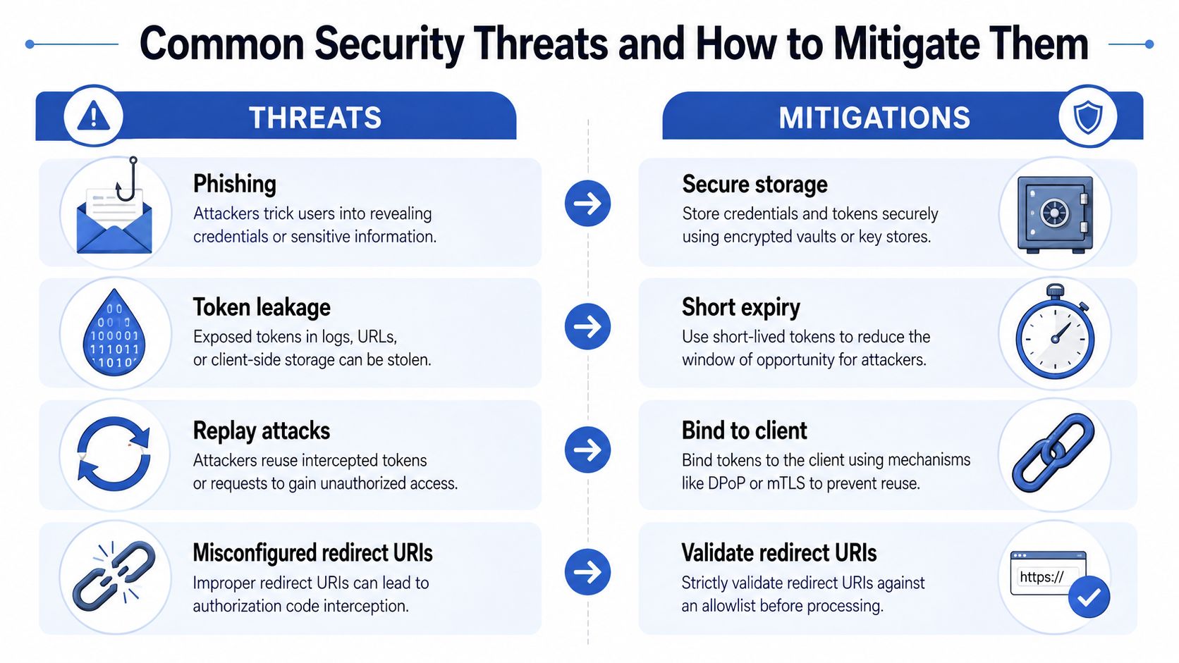 A chart illustrating common security threats like phishing and token leakage alongside their corresponding mitigation strategies.