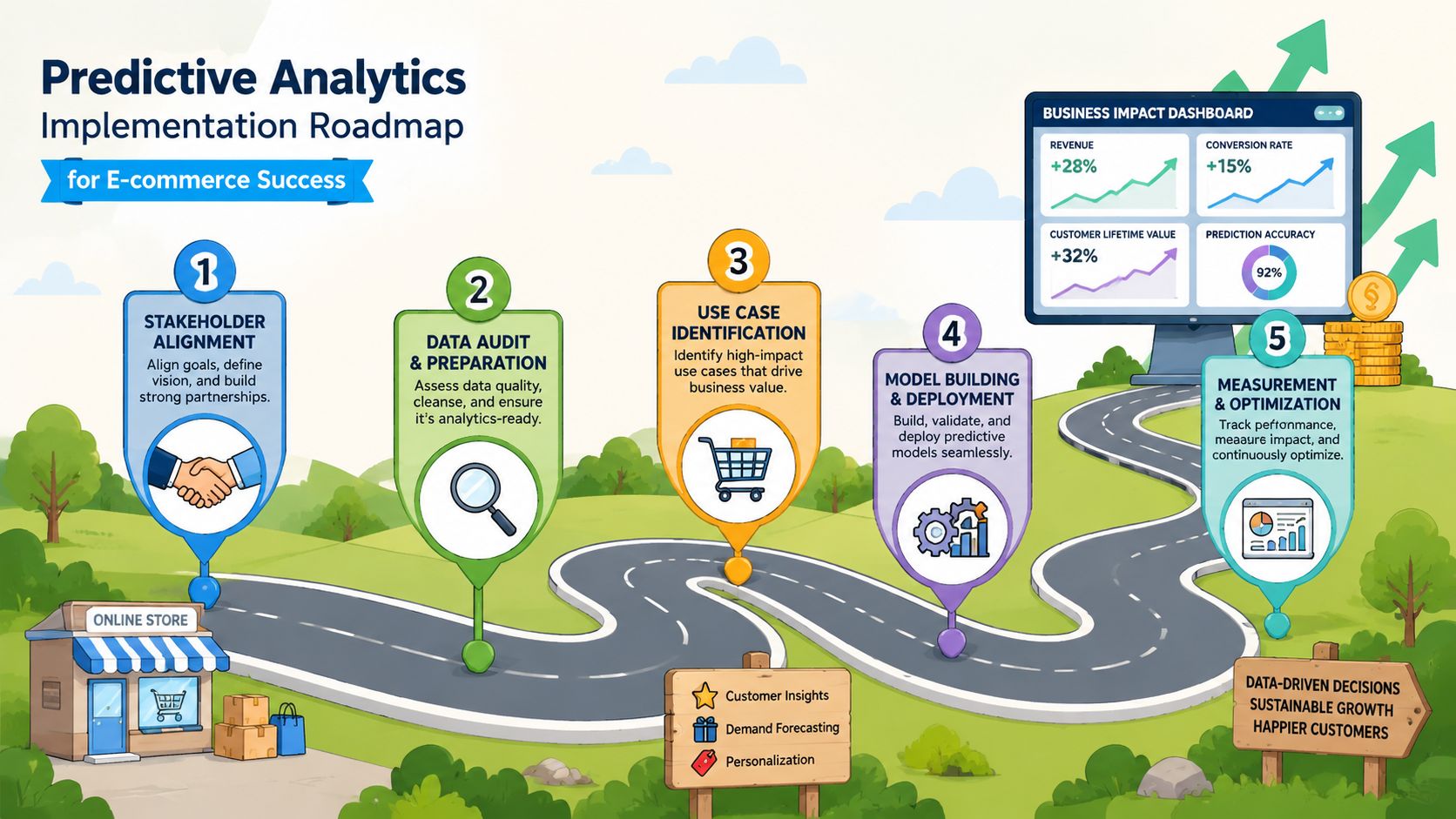 A roadmap infographic illustrating five key steps for implementing predictive analytics to achieve e-commerce business success.