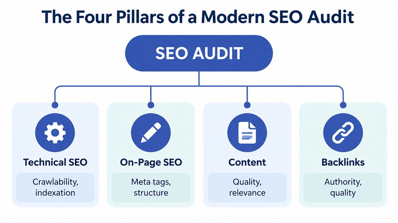 A diagram illustrating the four pillars of a modern SEO audit including technical SEO, on-page SEO, content, and backlinks.