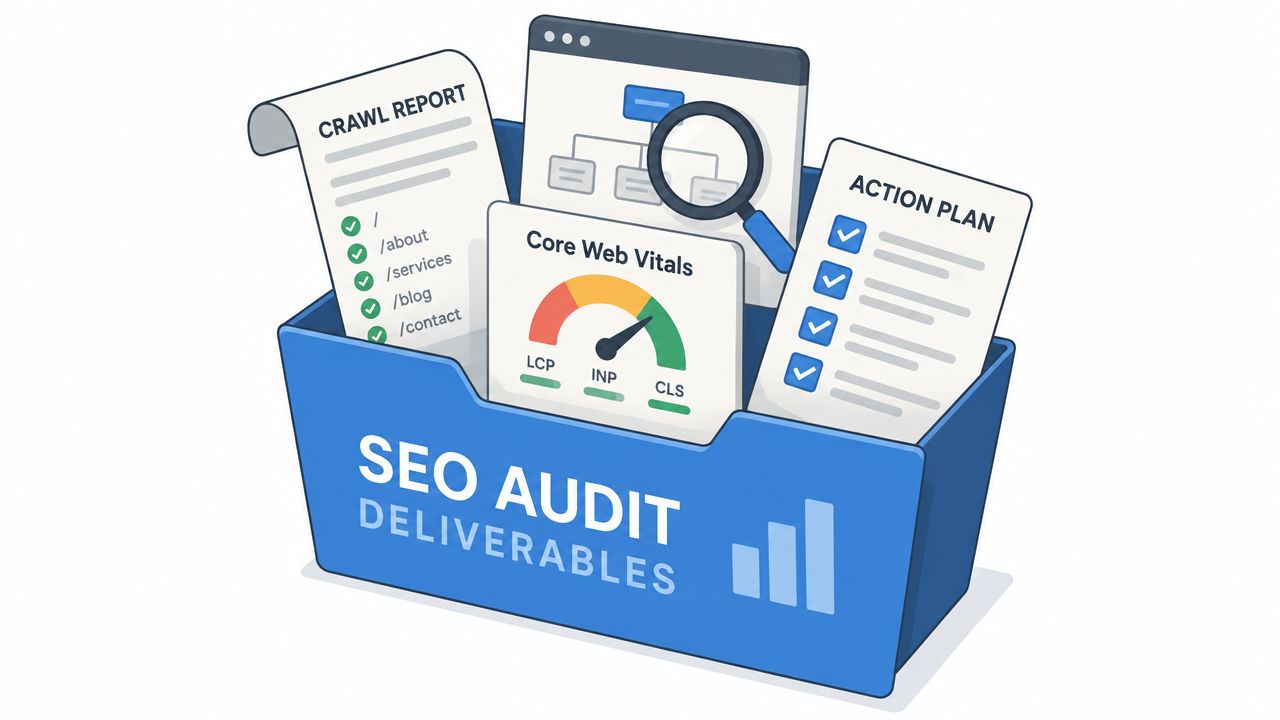 A blue folder labeled SEO Audit Deliverables containing reports for crawl data, Core Web Vitals, and action plans.