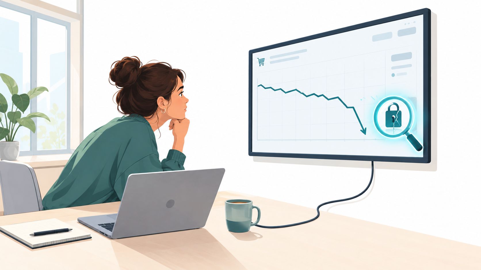 A woman analyzing a downward trending financial chart on a screen representing a technical SEO audit issue.