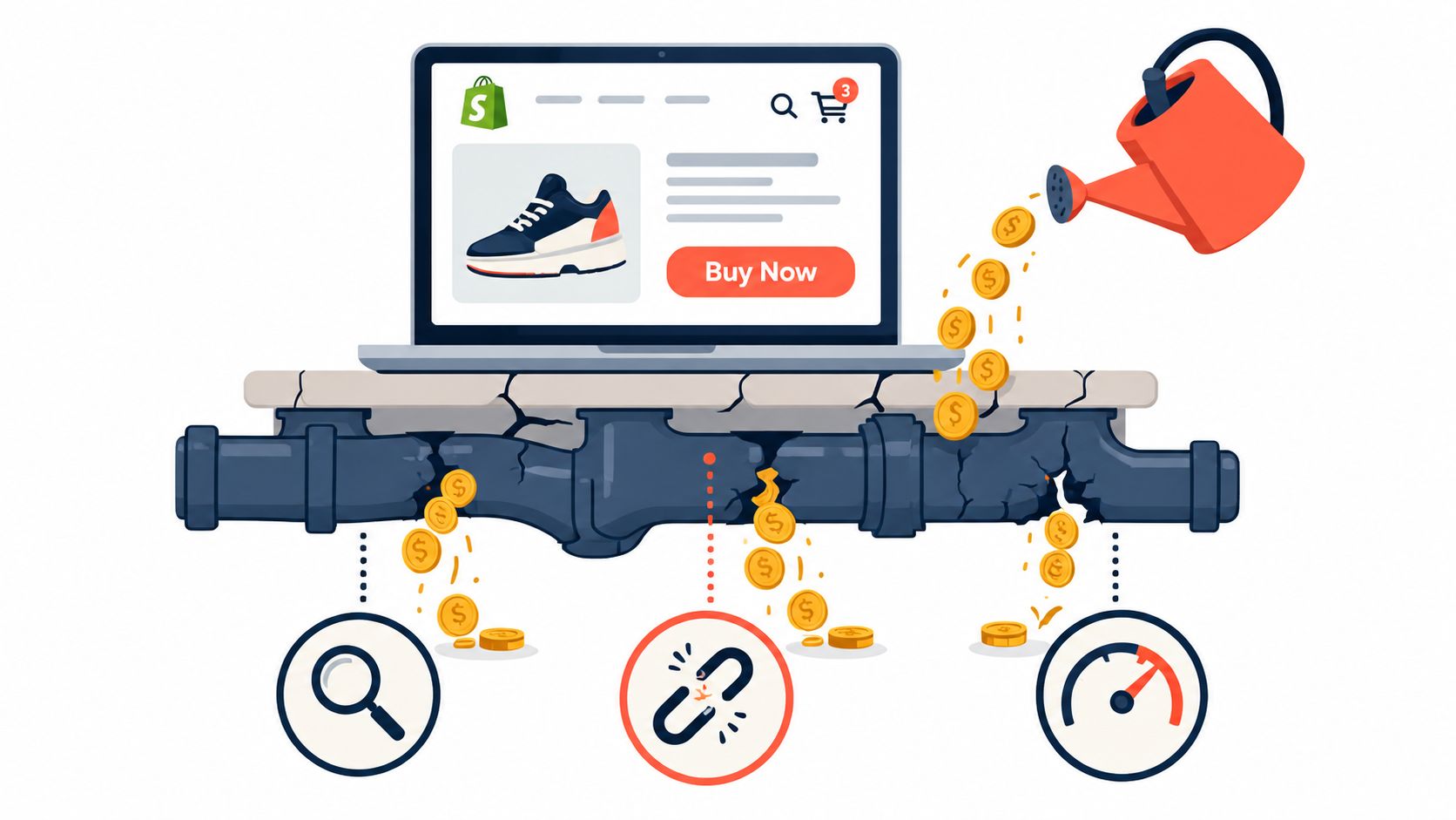 A watering can pouring coins onto a cracked pipe under a computer screen representing a technical SEO audit.