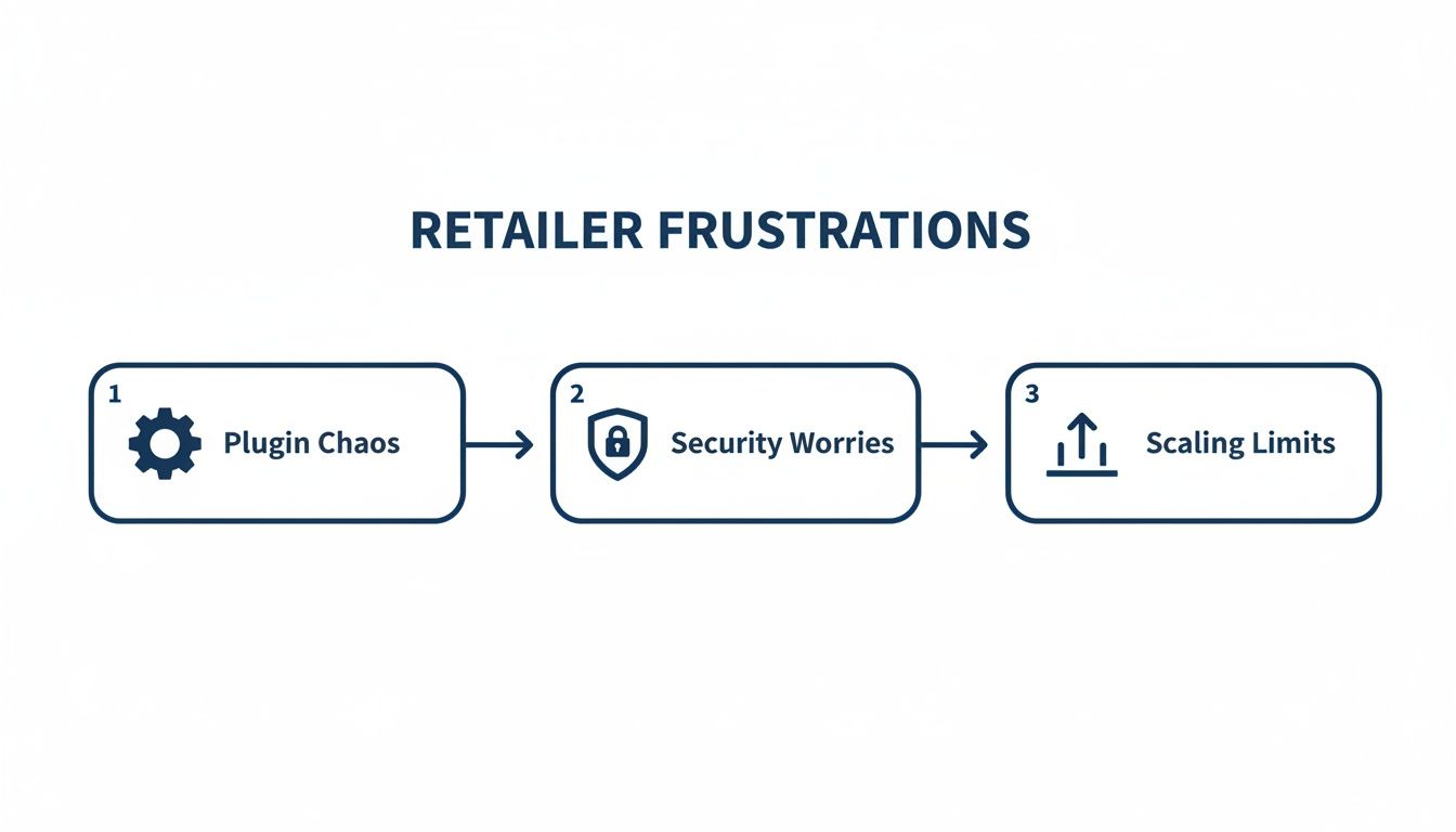 Flowchart illustrating common retailer frustrations: plugin chaos, security worries, and scaling limits.