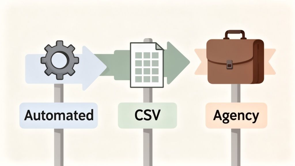 A diagram illustrates an automated process, generating a CSV file that is then handled by an agency.