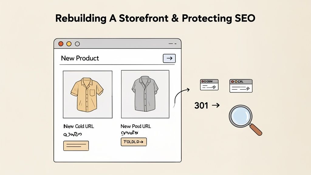 Illustration showing a storefront rebuild with old and new product URLs, indicating 301 redirects for SEO protection.