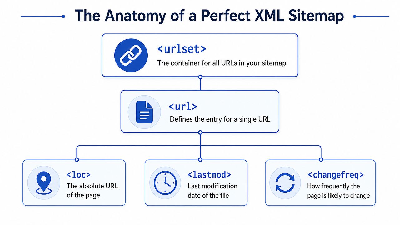A diagram illustrating the hierarchy and elements of a perfect XML sitemap structure for search engines.