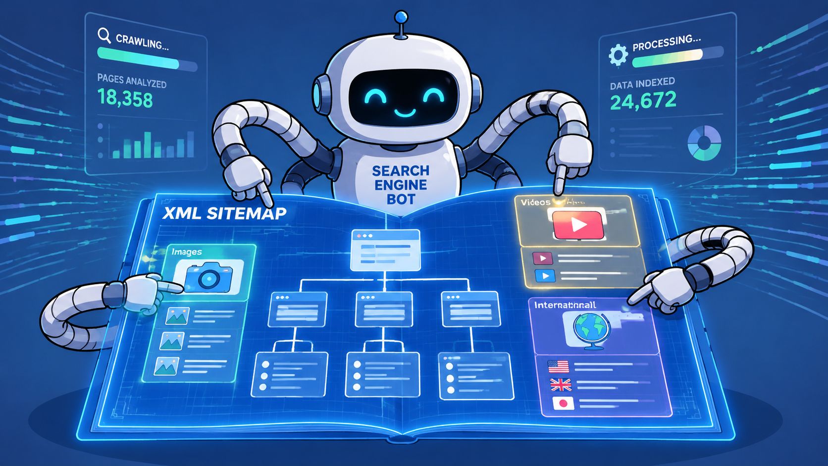 A friendly robot analyzing an XML sitemap digital blueprint showing images, videos, and international website pages.