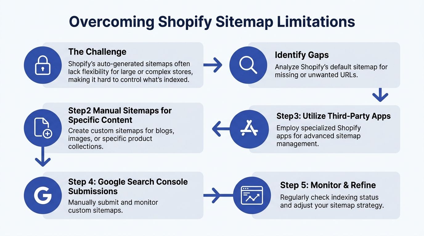 An infographic showing a five-step process to overcome Shopify's sitemap limitations and optimize search engine indexing.